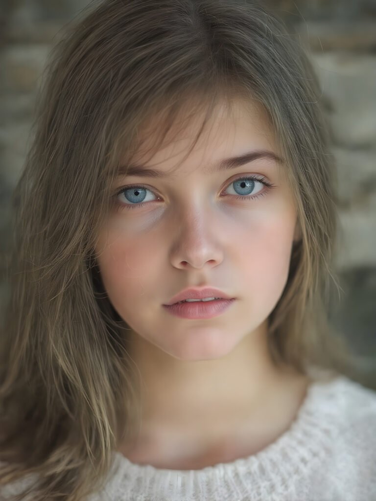 a ((teen girl)) realistic upper body portrait shot, her hair is obsidian-black and with long straight haircut, she has glancing silver-white eyes and are orbit round, she has pouting lips, she has a soft outlook, she has a fit figure, she wears a brown sweater made of fine wool, in a natural way, mood scenery background