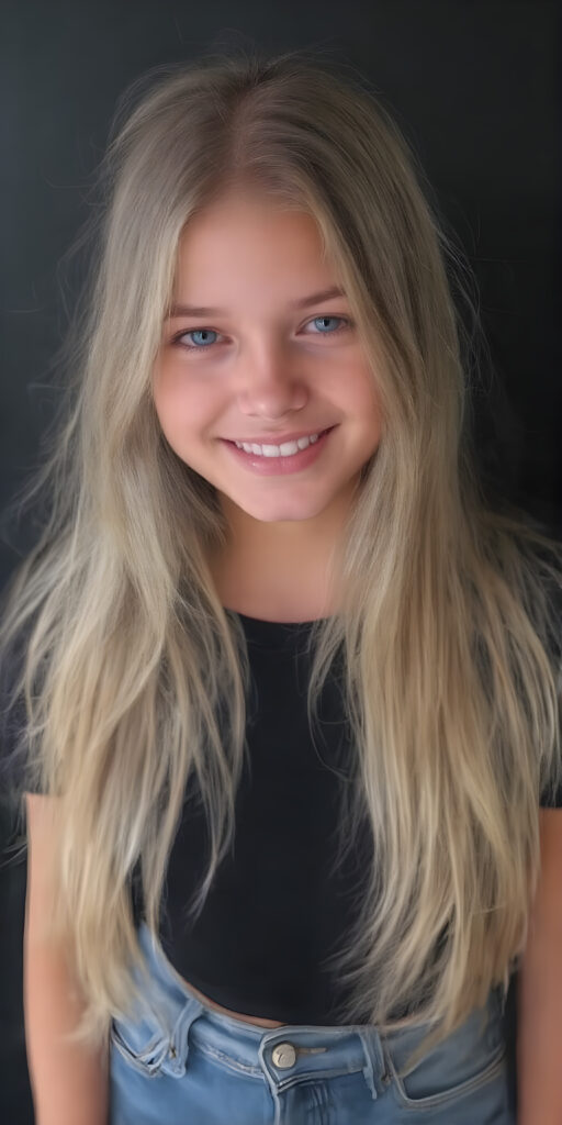 a (((teen girl))) with (((extremely long, silky wavy light blonde hair))), wearing a sleek and tight black T-Shirt that seamlessly complements her stylishly faded jeans. Her face exudes a (((soft yet inviting smile))), perfectly accentuating her ((perfectly proportioned figure)), which includes a slim waist and (extraordinary long, flowing eyelashes) that add to her (alluring charm), black backdrop that give off a (vivid color contrast) against her (natural skin tone) makeup and (crisp pearly white teeth) as the ultimate finishing touch, full body