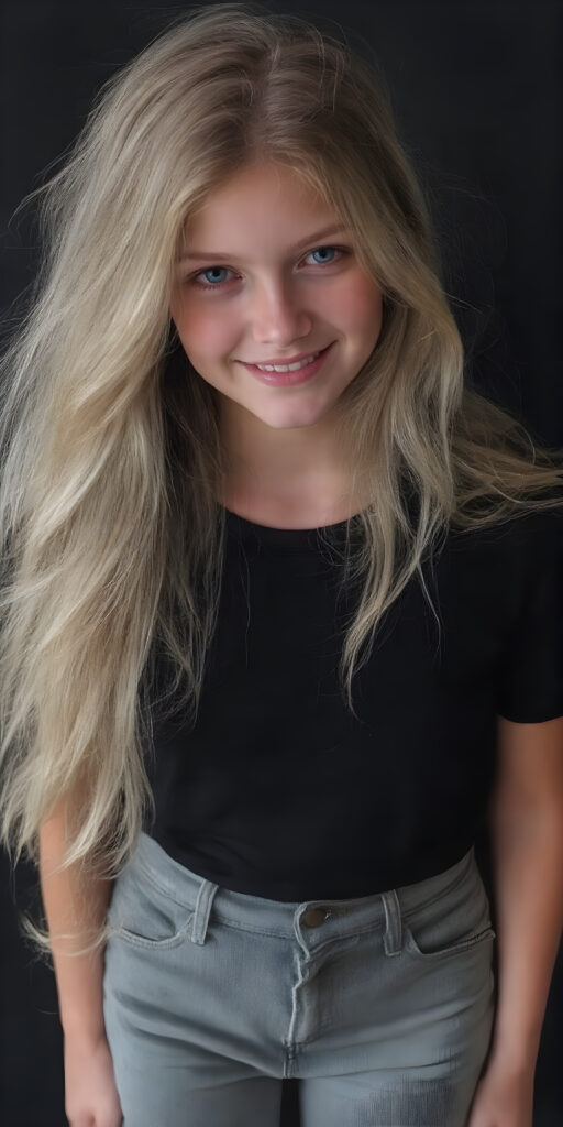 a (((teen girl))) with (((extremely long, silky wavy light blonde hair))), wearing a sleek and tight black T-Shirt that seamlessly complements her stylishly faded jeans. Her face exudes a (((soft yet inviting smile))), perfectly accentuating her ((perfectly proportioned figure)), which includes a slim waist and (extraordinary long, flowing eyelashes) that add to her (alluring charm), black backdrop that give off a (vivid color contrast) against her (natural skin tone) makeup and (crisp pearly white teeth) as the ultimate finishing touch, full body
