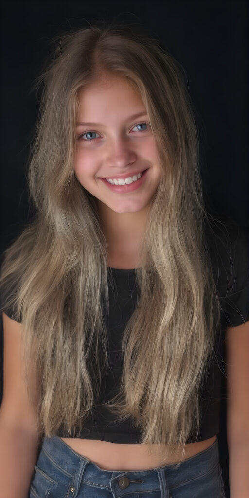 a (((teen girl))) with (((extremely long, silky wavy light blonde hair))), wearing a sleek and tight black T-Shirt that seamlessly complements her stylishly faded jeans. Her face exudes a (((soft yet inviting smile))), perfectly accentuating her ((perfectly proportioned figure)), which includes a slim waist and (extraordinary long, flowing eyelashes) that add to her (alluring charm), black backdrop that give off a (vivid color contrast) against her (natural skin tone) makeup and (crisp pearly white teeth) as the ultimate finishing touch, full body