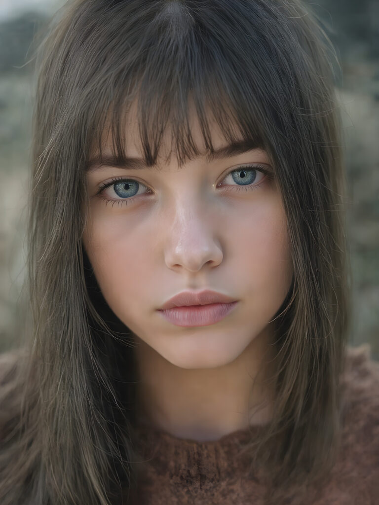 a ((teen girl)) realistic upper body portrait shot, her hair is obsidian-black and with long straight haircut, she has glancing silver-white eyes and are orbit round, she has pouting lips, she has a soft outlook, she has a fit figure, she wears a brown sweater made of fine wool, in a natural way, mood scenery background