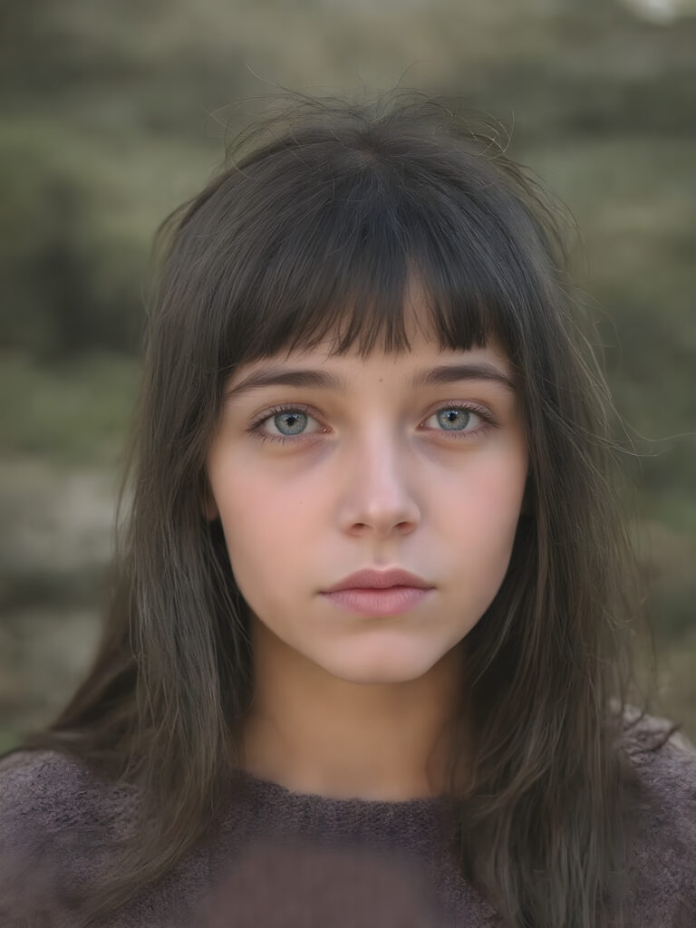 a ((teen girl)) realistic upper body portrait shot, her hair is obsidian-black and with long straight haircut, she has glancing silver-white eyes and are orbit round, she has pouting lips, she has a soft outlook, she has a fit figure, she wears a brown sweater made of fine wool, in a natural way, mood scenery background