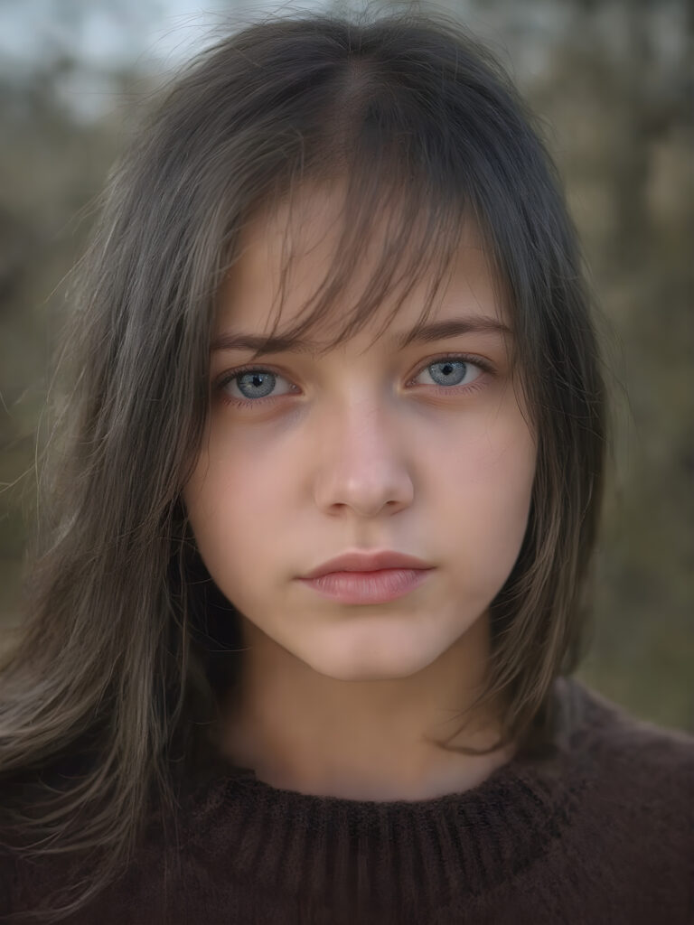 a ((teen girl)) realistic upper body portrait shot, her hair is obsidian-black and with long straight haircut, she has glancing silver-white eyes and are orbit round, she has pouting lips, she has a soft outlook, she has a fit figure, she wears a brown sweater made of fine wool, in a natural way, mood scenery background