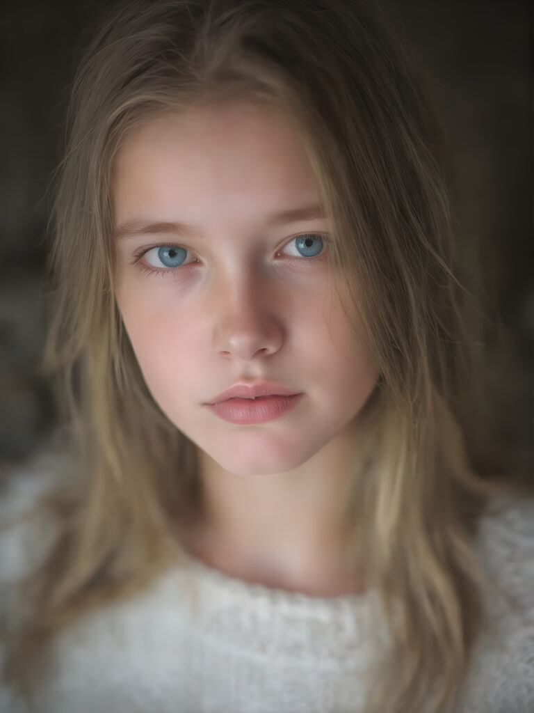 a ((teen girl)) realistic upper body portrait shot, her hair is obsidian-black and with long straight haircut, she has glancing silver-white eyes and are orbit round, she has pouting lips, she has a soft outlook, she has a fit figure, she wears a brown sweater made of fine wool, in a natural way, mood scenery background