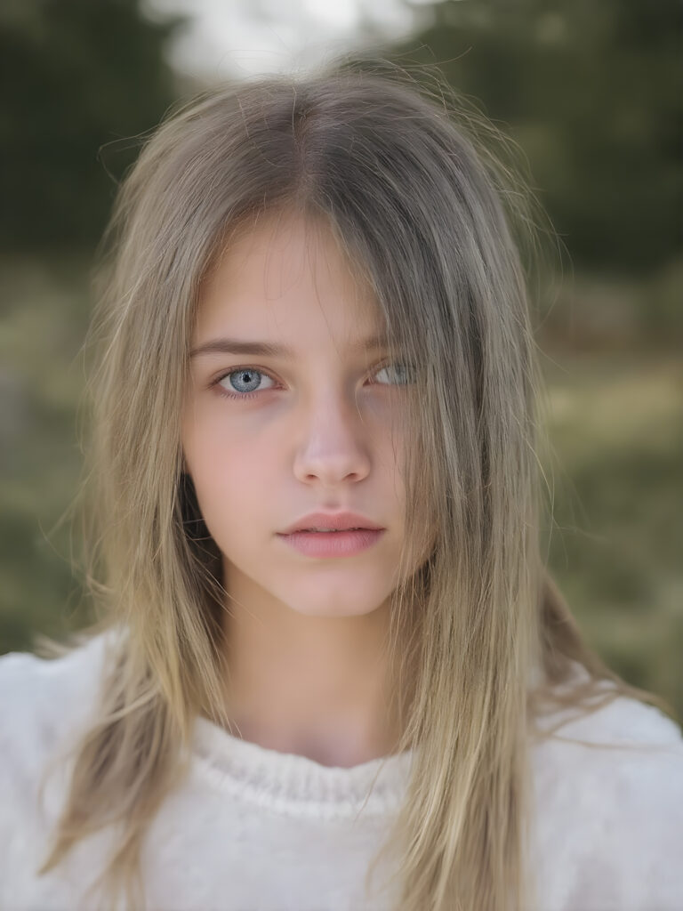 a ((teen girl)) realistic upper body portrait shot, her hair is obsidian-black and with long straight haircut, she has glancing silver-white eyes and are orbit round, she has pouting lips, she has a soft outlook, she has a fit figure, she wears a brown sweater made of fine wool, in a natural way, mood scenery background