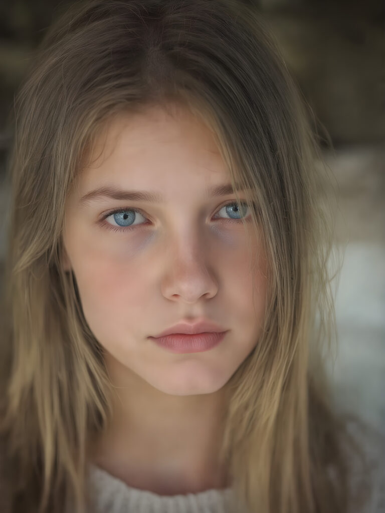 a ((teen girl)) realistic upper body portrait shot, her hair is obsidian-black and with long straight haircut, she has glancing silver-white eyes and are orbit round, she has pouting lips, she has a soft outlook, she has a fit figure, she wears a brown sweater made of fine wool, in a natural way, mood scenery background