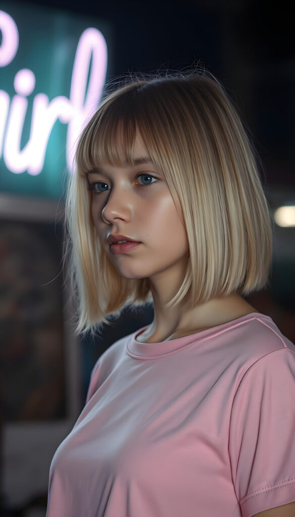 a teen girl dressed in a plain pink thin t-shirt, against a nightly background, straight open shoulder length blond hair in same length left and right and bob cut, side view, In the background you can see a neon sign with the word "Girl"