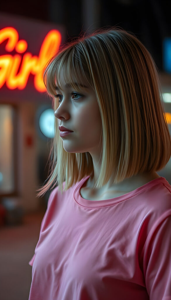 a teen girl dressed in a plain pink thin t-shirt, against a nightly background, straight open shoulder length blond hair in same length left and right and bob cut, side view, In the background you can see a neon sign with the word "Girl"