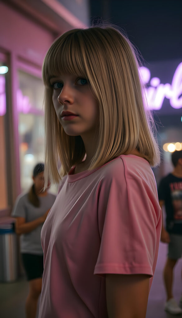 a teen girl dressed in a plain pink thin t-shirt, against a nightly background, straight open shoulder length blond hair in same length left and right and bob cut, side view, In the background you can see a neon sign with the word "Girl"