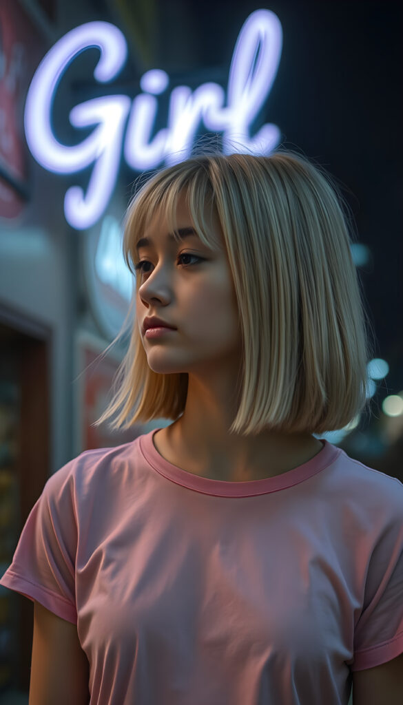 a teen girl dressed in a plain pink thin t-shirt, against a nightly background, straight open shoulder length blond hair in same length left and right and bob cut, side view, In the background you can see a neon sign with the word "Girl"