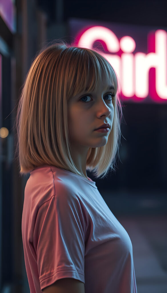 a teen girl dressed in a plain pink thin t-shirt, against a nightly background, straight open shoulder length blond hair in same length left and right and bob cut, side view, In the background you can see a neon sign with the word "Girl"