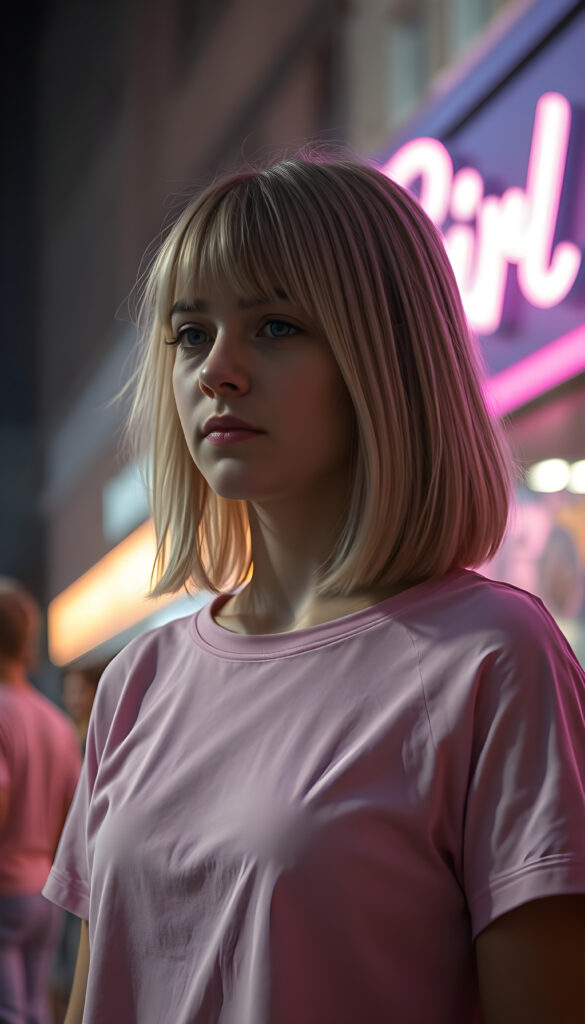 a teen girl dressed in a plain pink thin t-shirt, against a nightly background, straight open shoulder length blond hair in same length left and right and bob cut, side view, In the background you can see a neon sign with the word "Girl"