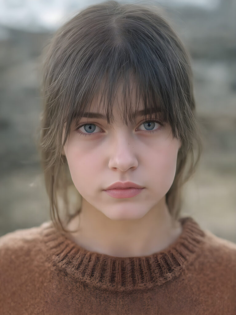 a ((teen girl)) realistic upper body portrait shot, her hair is obsidian-black and with long straight haircut, she has glancing silver-white eyes and are orbit round, she has pouting lips, she has a soft outlook, she has a fit figure, she wears a brown sweater made of fine wool, in a natural way, mood scenery background