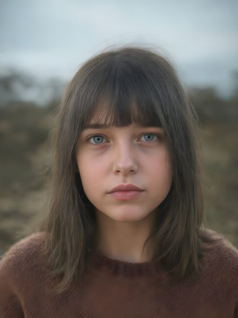 a ((teen girl)) realistic upper body portrait shot, her hair is obsidian-black and with long straight haircut, she has glancing silver-white eyes and are orbit round, she has pouting lips, she has a soft outlook, she has a fit figure, she wears a brown sweater made of fine wool, in a natural way, mood scenery background
