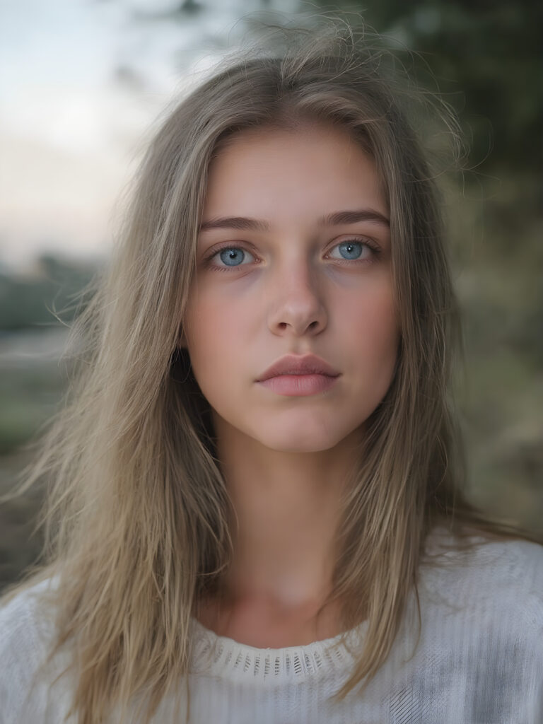 a ((teen girl)) realistic upper body portrait shot, her hair is obsidian-black and with long straight haircut, she has glancing silver-white eyes and are orbit round, she has pouting lips, she has a soft outlook, she has a fit figure, she wears a brown sweater made of fine wool, in a natural way, mood scenery background