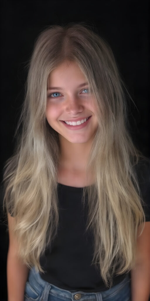 a (((teen girl))) with (((extremely long, silky wavy light blonde hair))), wearing a sleek and tight black T-Shirt that seamlessly complements her stylishly faded jeans. Her face exudes a (((soft yet inviting smile))), perfectly accentuating her ((perfectly proportioned figure)), which includes a slim waist and (extraordinary long, flowing eyelashes) that add to her (alluring charm), black backdrop that give off a (vivid color contrast) against her (natural skin tone) makeup and (crisp pearly white teeth) as the ultimate finishing touch, full body