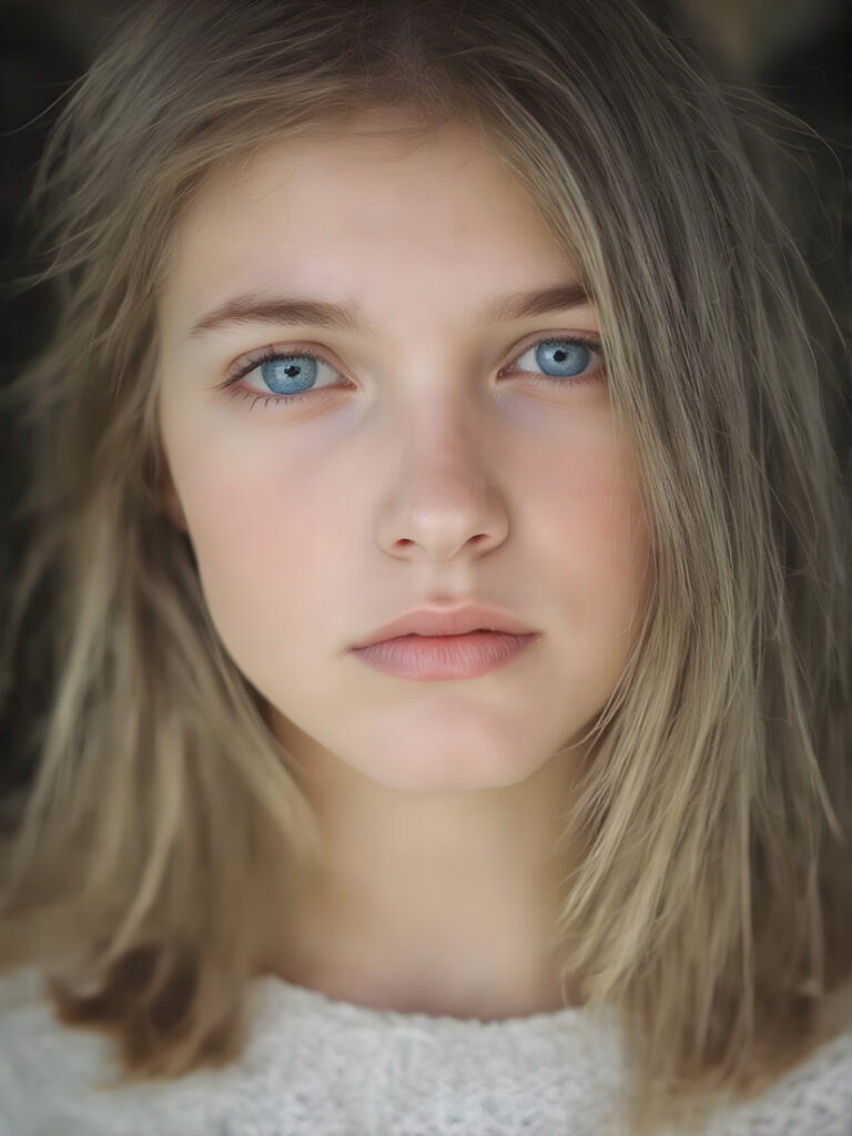 a ((teen girl)) realistic upper body portrait shot, her hair is obsidian-black and with long straight haircut, she has glancing silver-white eyes and are orbit round, she has pouting lips, she has a soft outlook, she has a fit figure, she wears a brown sweater made of fine wool, in a natural way, mood scenery background