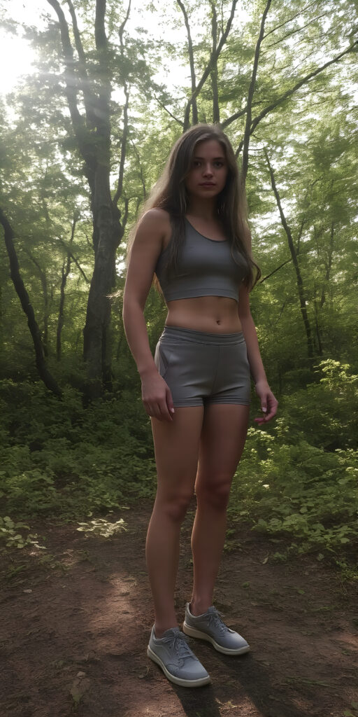 a teen girl in a lifted cropped sport tank top, short pants and grey shoes, long wavy hair, stands alone in a green forest, the sun shines through the branches and the rays can be seen in the light mist, she has a perfect curved female fit body