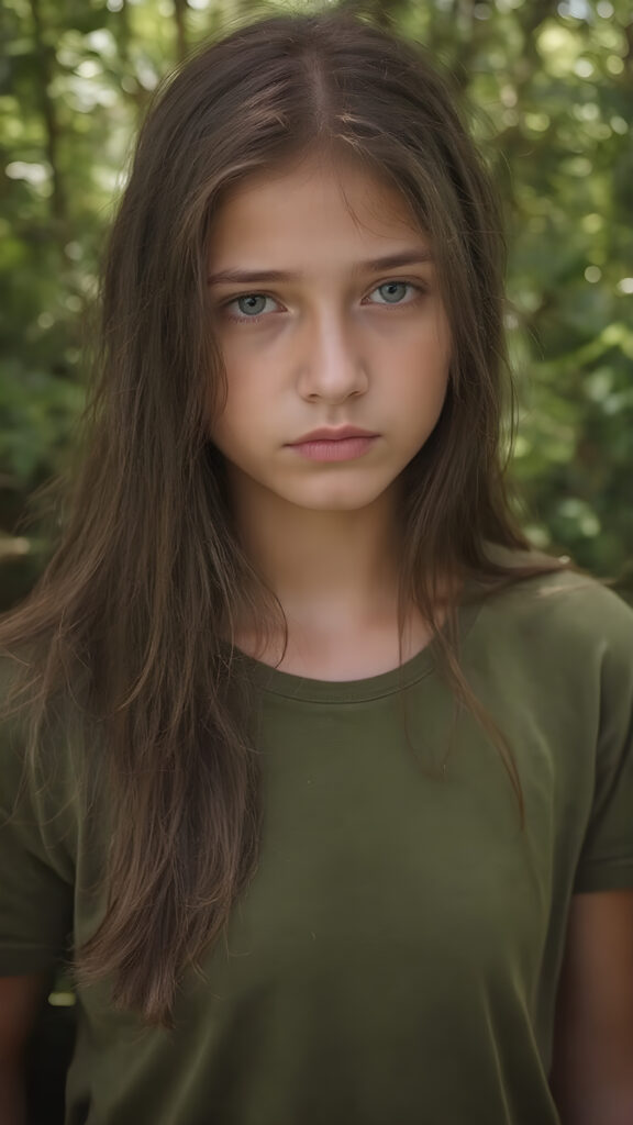 a teen girl in a fantastic portrait, (super straight long soft hair, she wears a thin green T-shirt), all against a sunny backdrop in the nature, she looks very confused