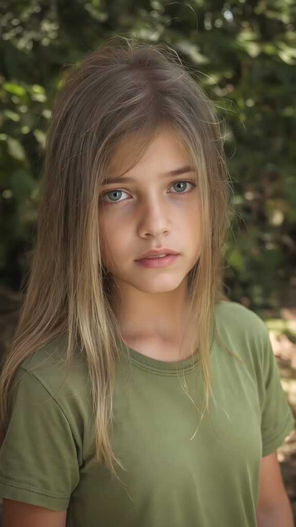 a teen girl in a fantastic portrait, (super straight long soft hair, she wears a thin green T-shirt), all against a sunny backdrop in the nature, she looks very confused