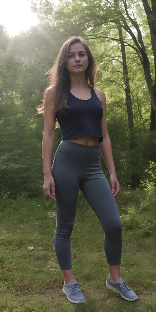 a teen girl in a lifted cropped sport tank top, short pants and grey shoes, long wavy hair, stands alone in a green forest, the sun shines through the branches and the rays can be seen in the light mist, she has a perfect curved female fit body