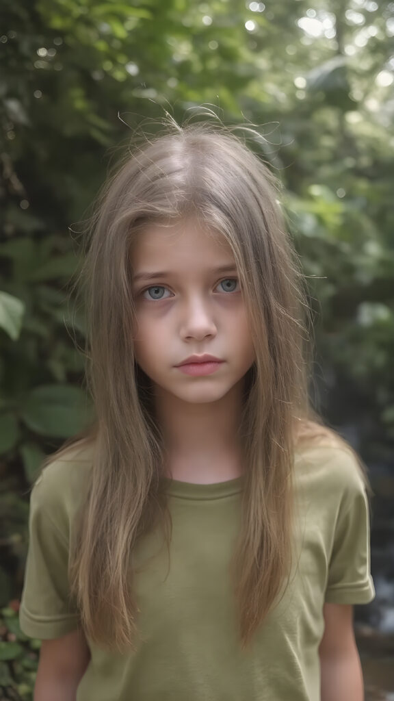a teen girl in a fantastic portrait, (super straight long soft hair, she wears a thin green T-shirt), all against a sunny backdrop in the nature, she looks very confused