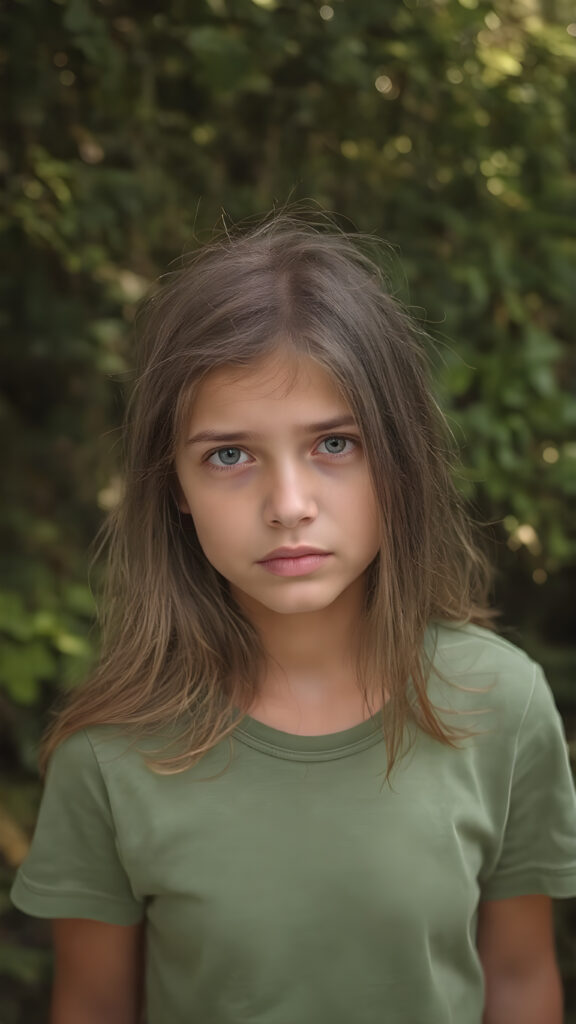 a teen girl in a fantastic portrait, (super straight long soft hair, she wears a thin green T-shirt), all against a sunny backdrop in the nature, she looks very confused
