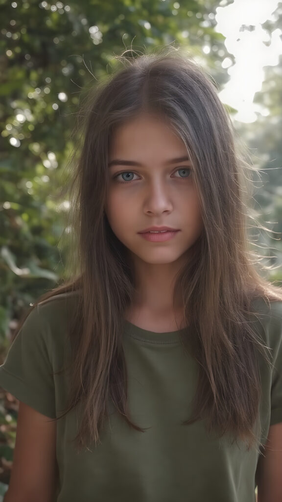 a teen girl in a fantastic portrait, (super straight long soft hair, she wears a thin green T-shirt), all against a sunny backdrop in the nature, she looks very confused