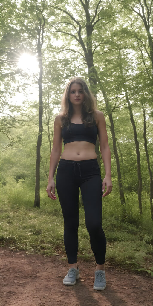 a teen girl in a lifted cropped sport tank top, short pants and grey shoes, long wavy hair, stands alone in a green forest, the sun shines through the branches and the rays can be seen in the light mist, she has a perfect curved female fit body