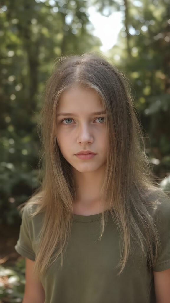 a teen girl in a fantastic portrait, (super straight long soft hair, she wears a thin green T-shirt), all against a sunny backdrop in the nature, she looks very confused