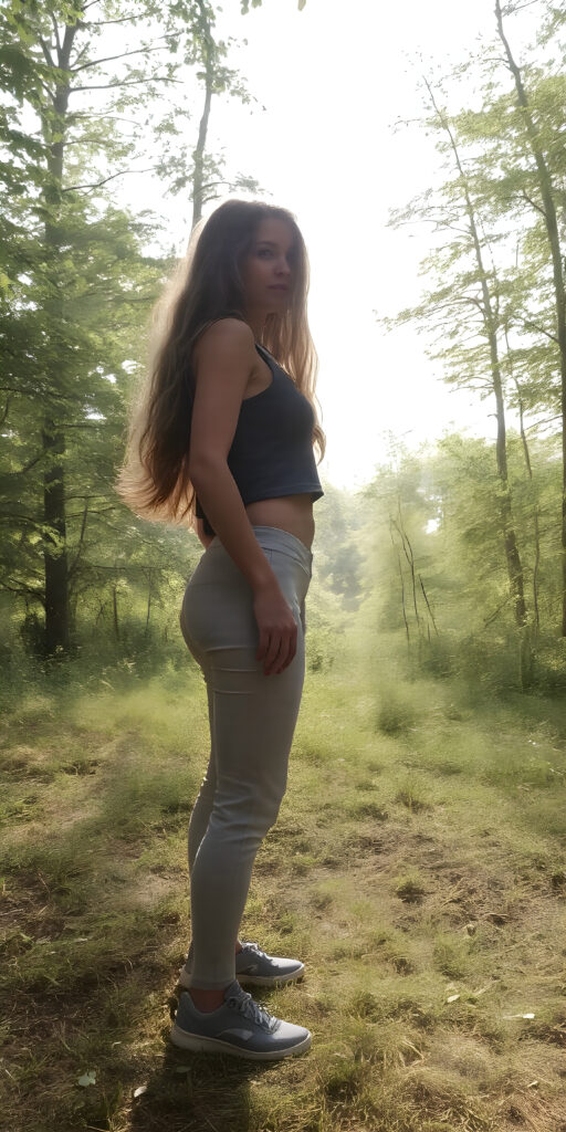 a teen girl in a lifted cropped sport tank top, short pants and grey shoes, long wavy hair, stands alone in a green forest, the sun shines through the branches and the rays can be seen in the light mist, she has a perfect curved female fit body