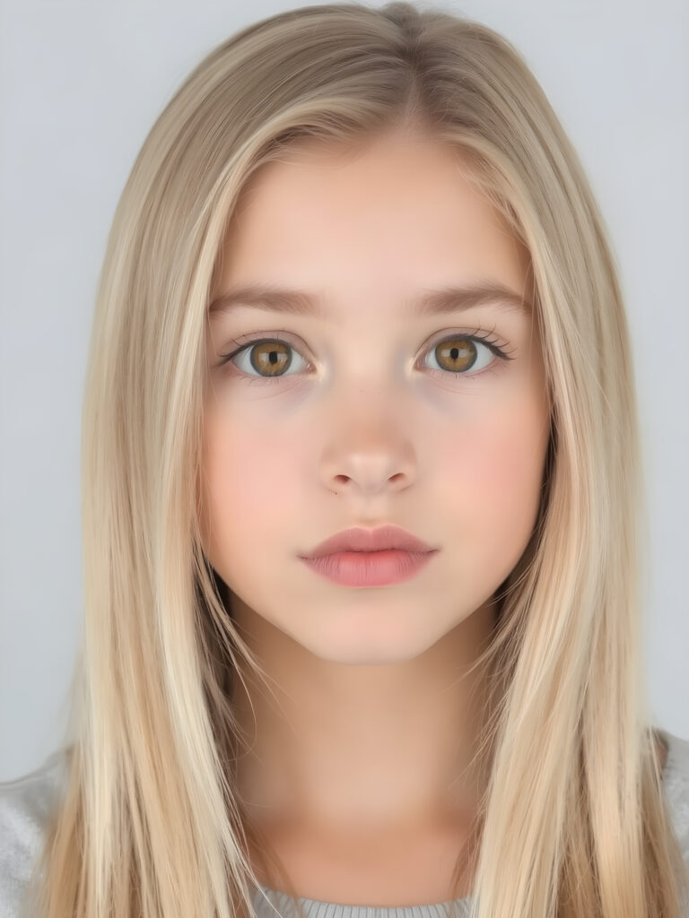 a teen girl in a perfect portrait shot, 1:3, with straight soft long blond hair, detailed round face, full lips, amber eyes, cute and stunning, light grey backdrop