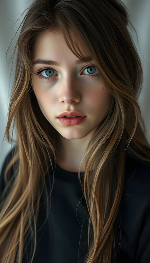 a teen girl is falling in love, ((perfect, detailed portrait)), she has long brown hair with golden highlights in the same length, ((light blue eyes)), wears a black t-shirt, a few strands of hair fall into her face, full red kissable lips, seductive, light grey canvas backdrop.