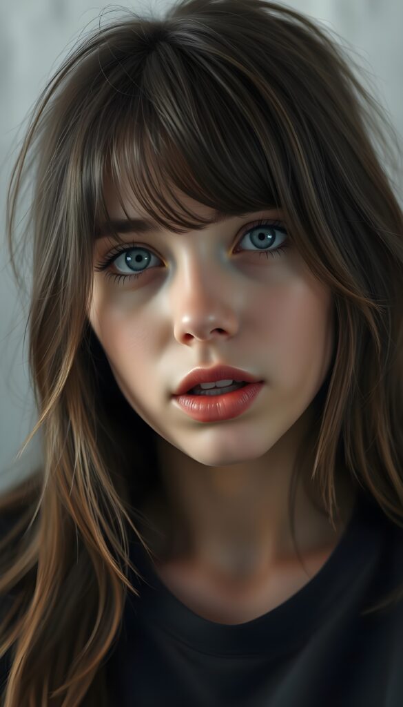 a teen girl is falling in love, ((perfect, detailed portrait)), she has long brown hair with golden highlights in the same length, ((light blue eyes)), wears a black t-shirt, a few strands of hair fall into her face, full red kissable lips, seductive, light grey canvas backdrop.