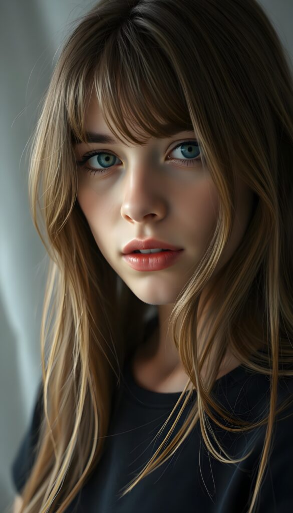 a teen girl is falling in love, ((perfect, detailed portrait)), she has long brown hair with golden highlights in the same length, ((light blue eyes)), wears a black t-shirt, a few strands of hair fall into her face, full red kissable lips, seductive, light grey canvas backdrop.