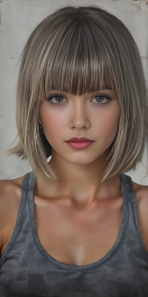 a teen girl, perfect fit body, sport top, bob cut, straight hair
