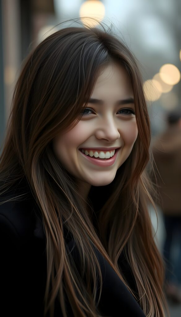 a teen girl, she is very happy and laugh, ((perfect, detailed portrait)), she has long brown hair, ((light blue eyes)), wears a black coat