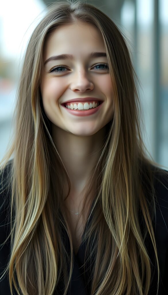 a teen girl, she is very happy and laugh, ((perfect, detailed portrait)), she has long brown soft straight hair and blond highlights, ((light blue eyes)), wears a black coat.