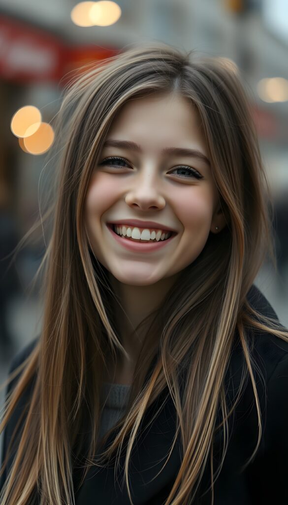 a teen girl, she is very happy and laugh, ((perfect, detailed portrait)), she has long brown soft straight hair and blond highlights, ((light blue eyes)), wears a black coat.
