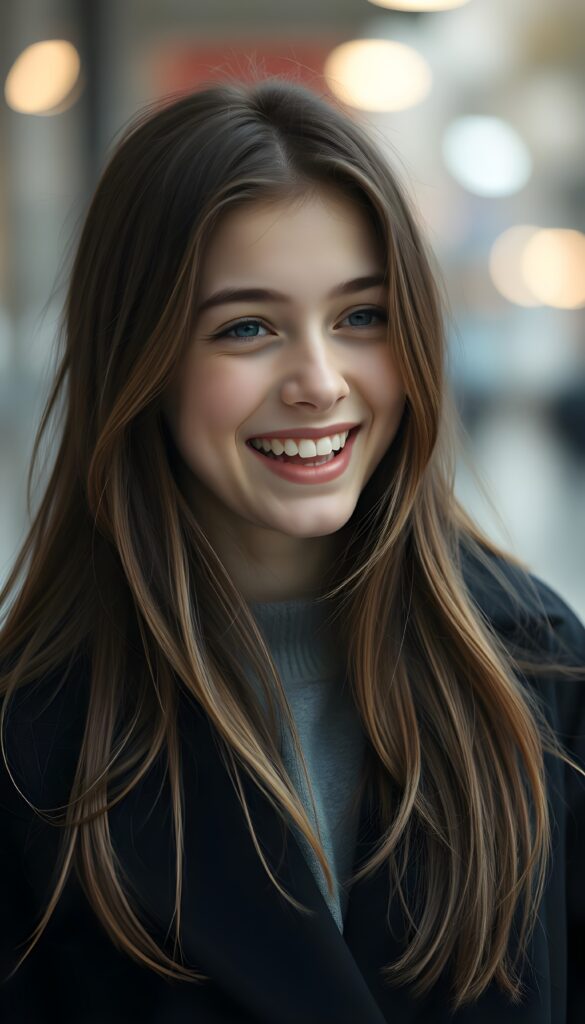 a teen girl, she is very happy and laugh, ((perfect, detailed portrait)), she has long brown soft straight hair and blond highlights, ((light blue eyes)), wears a black coat.