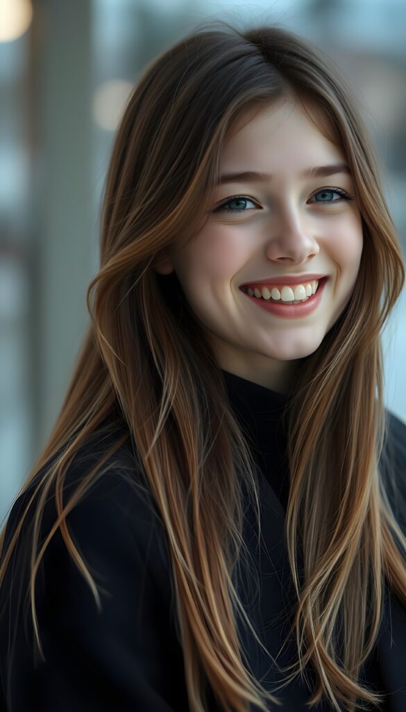 a teen girl, she is very happy and laugh, ((perfect, detailed portrait)), she has long brown soft straight hair and blond highlights, ((light blue eyes)), wears a black coat.