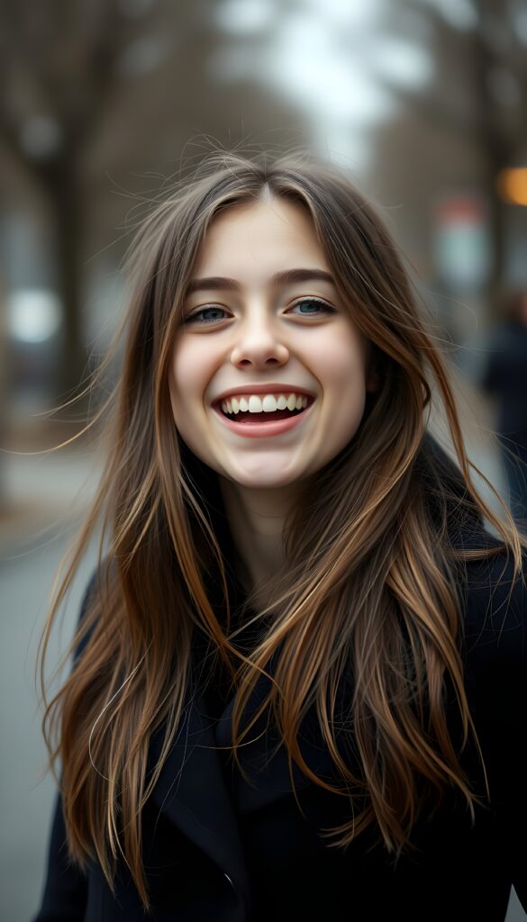 a teen girl, she is very happy and laugh, ((perfect, detailed portrait)), she has long brown hair, ((light blue eyes)), wears a black coat