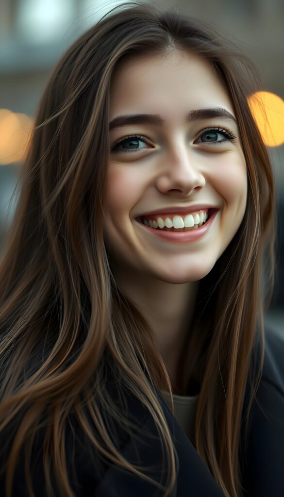 a teen girl, she is very happy and laugh, ((perfect, detailed portrait)), she has long brown hair, ((light blue eyes)), wears a black coat