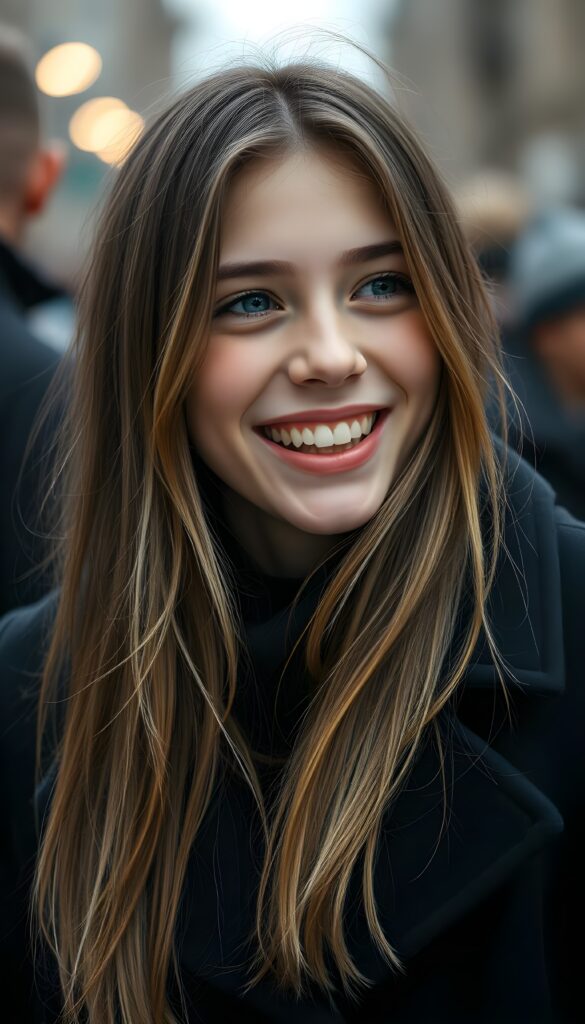 a teen girl, she is very happy and laugh, ((perfect, detailed portrait)), she has long brown soft straight hair and blond highlights, ((light blue eyes)), wears a black coat.