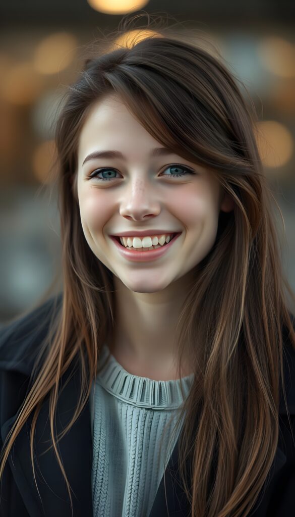 a teen girl, she is very happy and laugh, ((perfect, detailed portrait)), she has long brown hair, ((light blue eyes)), wears a black coat