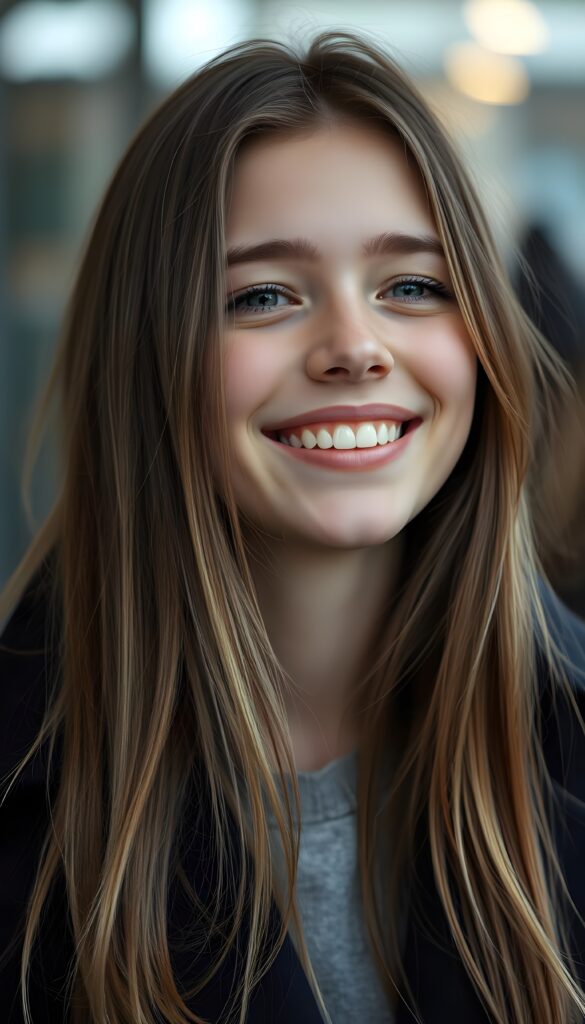 a teen girl, she is very happy and laugh, ((perfect, detailed portrait)), she has long brown soft straight hair and blond highlights, ((light blue eyes)), wears a black coat.
