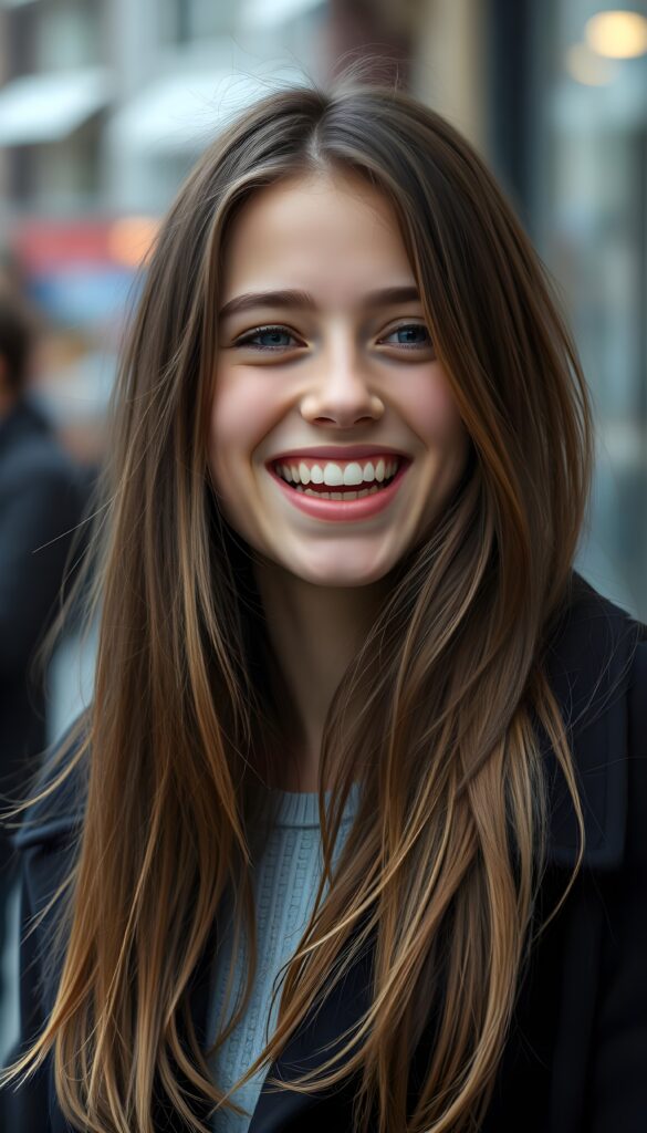 a teen girl, she is very happy and laugh, ((perfect, detailed portrait)), she has long brown hair, ((light blue eyes)), wears a black coat