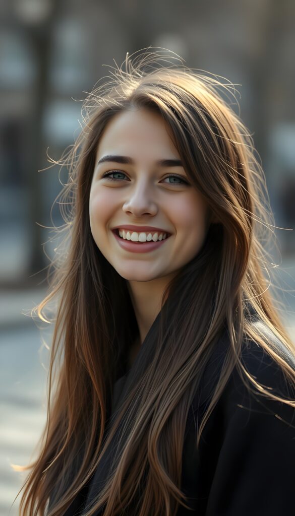 a teen girl, she is very happy and laugh, ((perfect, detailed portrait)), she has long brown hair, ((light blue eyes)), wears a black coat