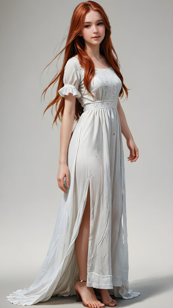 a teen girl with red long straight hair, a beautiful, full body view dark souls ((transparent white long dress)), bare feet