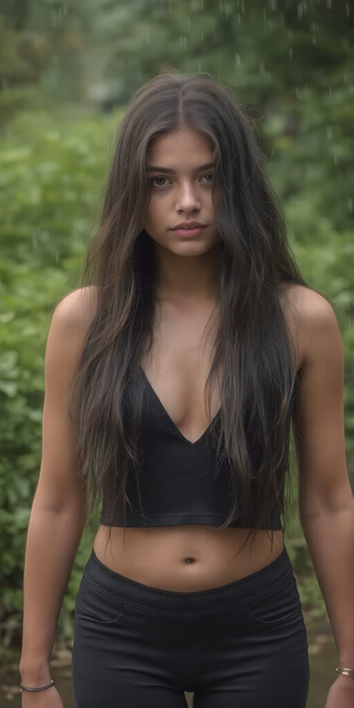 a teen girl with cropped tank top, deep v-neck, leggins, long wavy straight black hair, ((accentuating her ((navel)), stand in heavy rain, wet hair, green backdrop